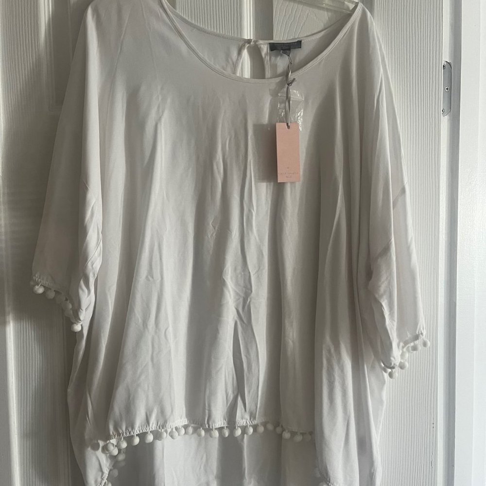 White Saint Tropez West Tunic Top Blouse  Beachy Tassels Fringe 2X NEW
